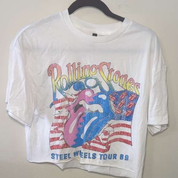 Divided Tops - H&M Divided Rolling Stones T-Shirt Steel Wheels Tour 89 Cut-off Cropped Size XS